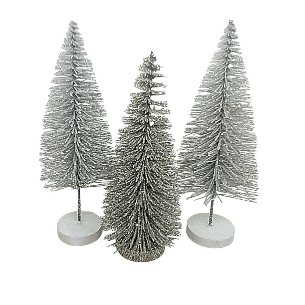 Bottle Brush Christmas Trees Frosted Glitter Lot of 3 Silver Gray 8" - 9" CB